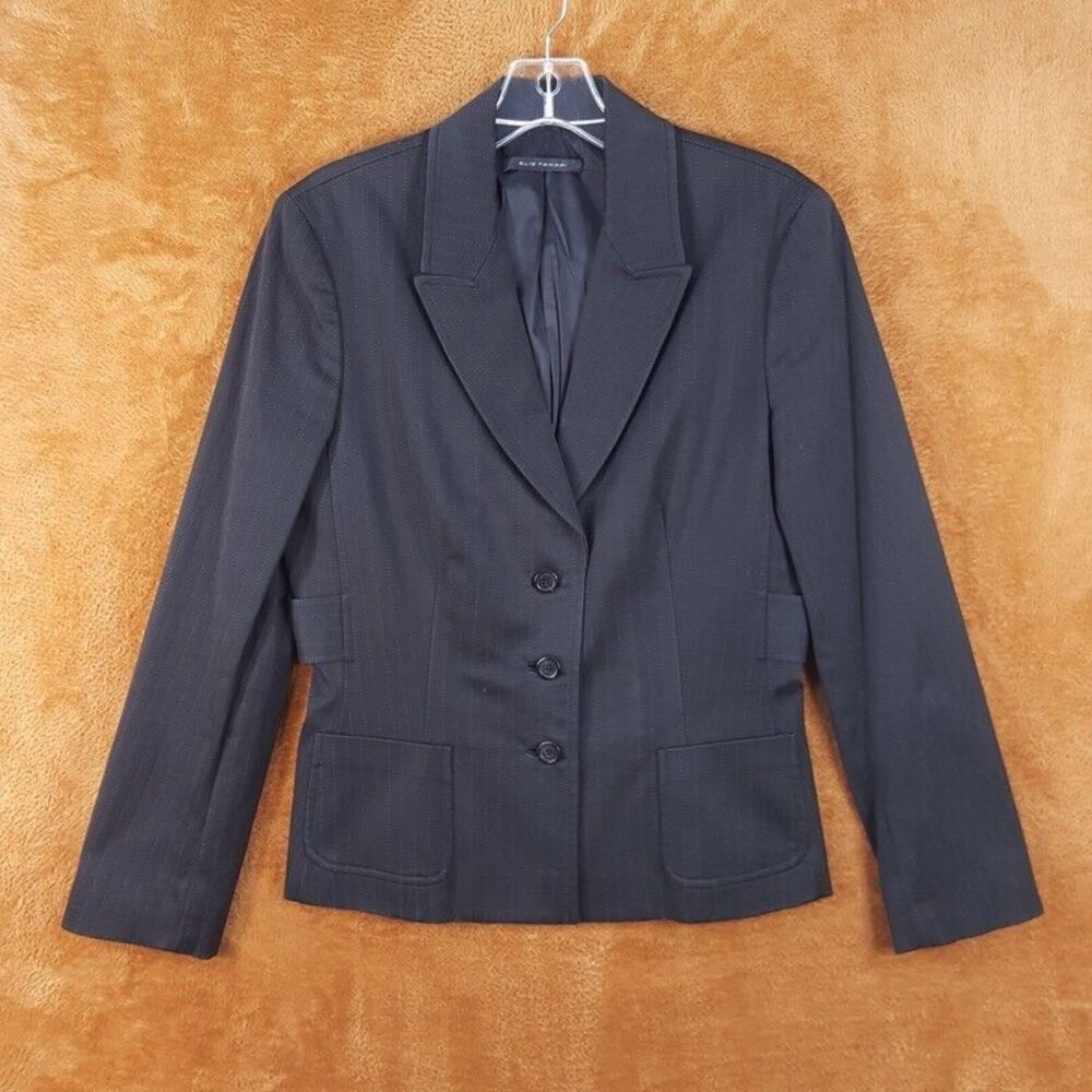 ELIE TAHARI Womens Blazer Size 10 Black Pinstripe Adjustable Waist Pockets